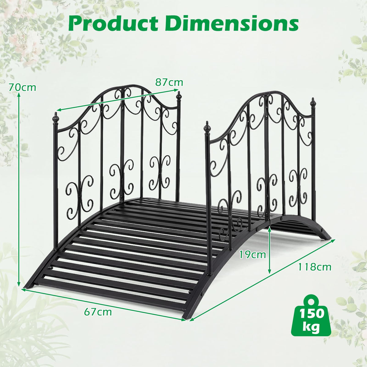Garden Metal Bridge with Handrails, Outdoor Arched Bridge w/Dual Patterned Side Rails