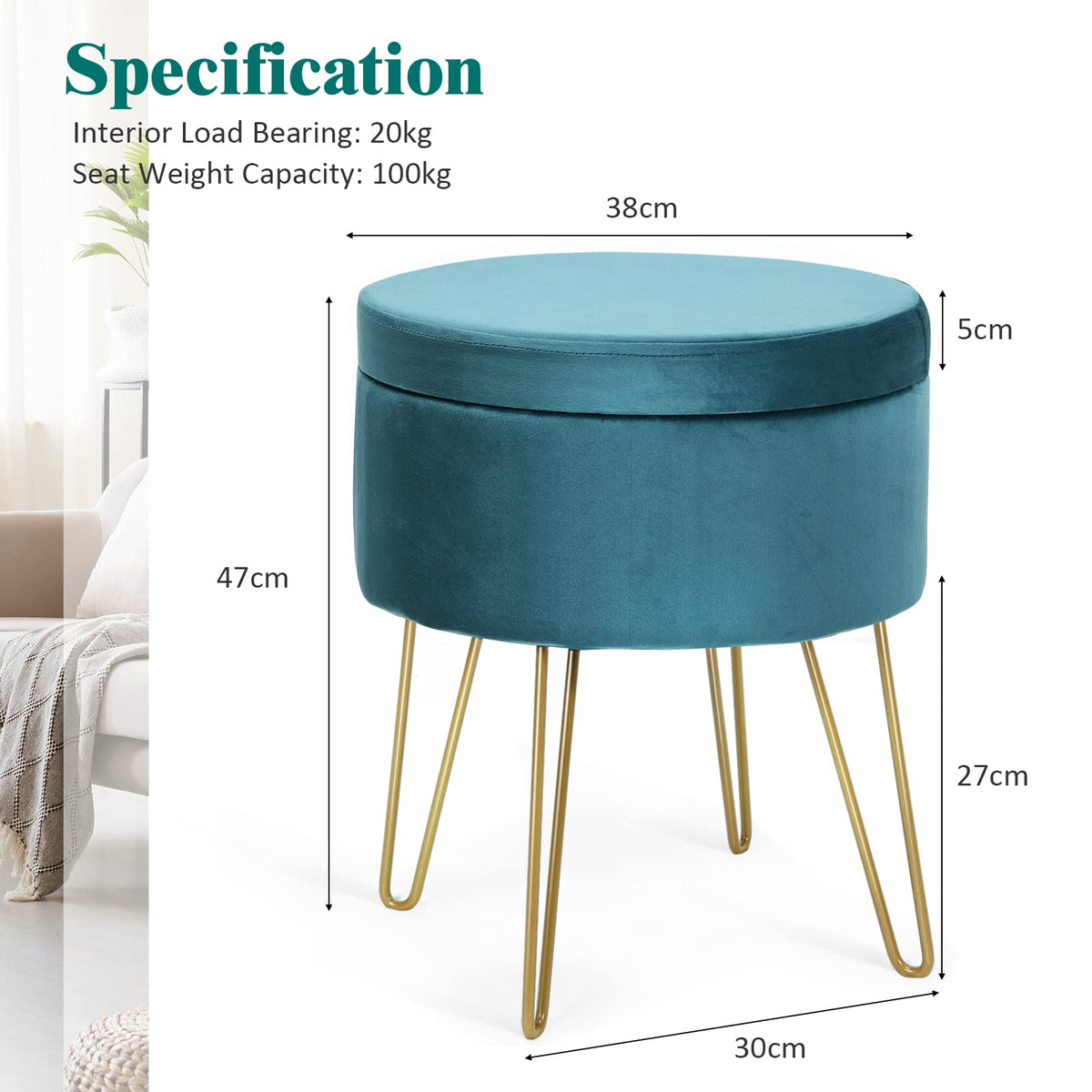 Velvet Storage Ottoman Stool, w/ Hairpin Like Metal Legs, Modern Dressing Make-up Vanity Stool