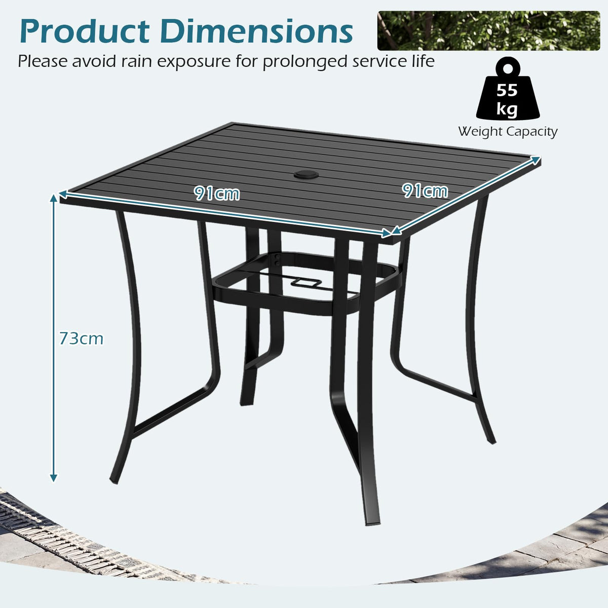 Square Patio Table for 4, 91 cm Square Metal Slat Table with 4-6 cm Adjustable Umbrella Hole