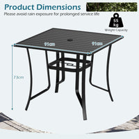 Square Patio Table for 4, 91 cm Square Metal Slat Table with 4-6 cm Adjustable Umbrella Hole