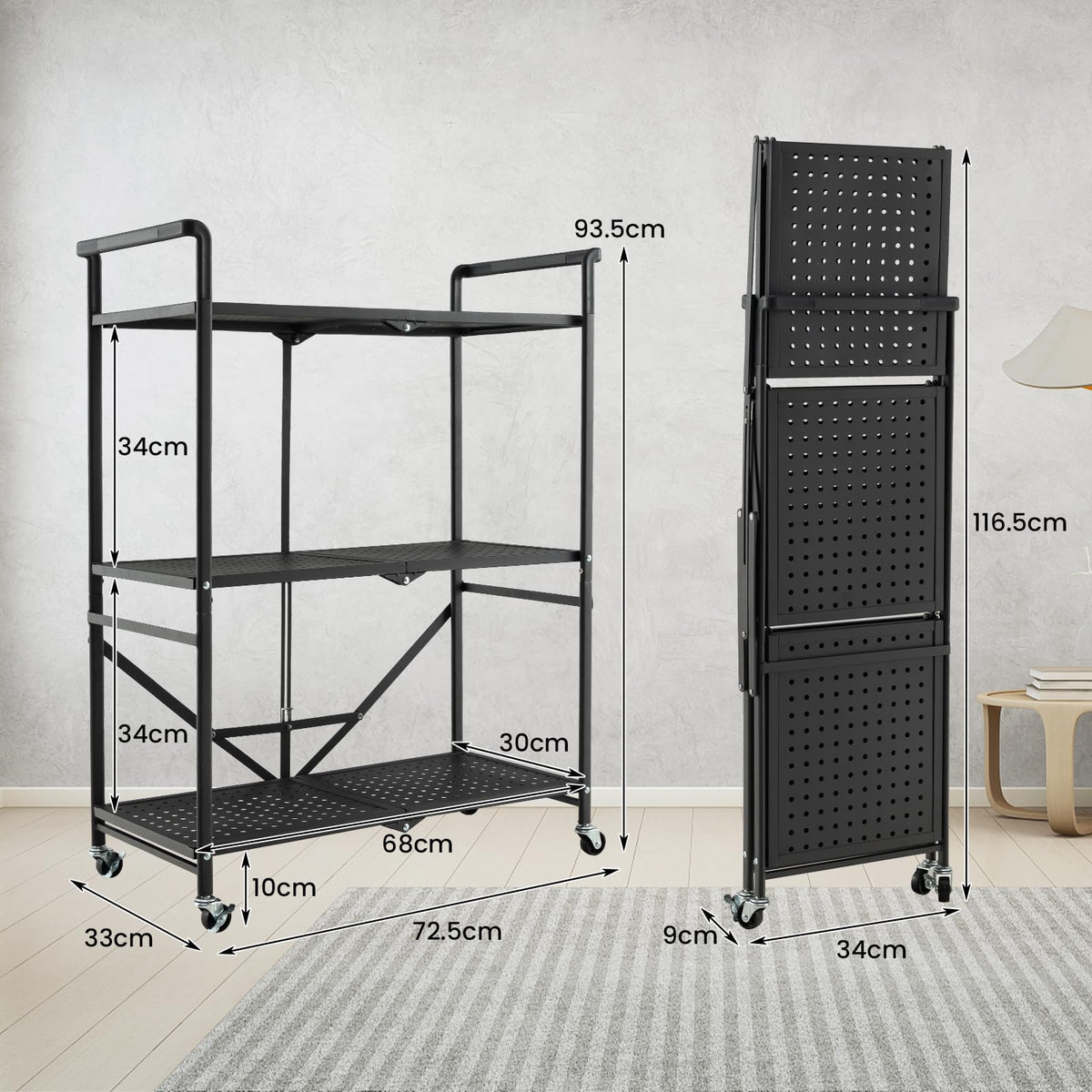Giantex Foldable Storage Shelves on Wheels, 3-Tier Heavy-Duty Steel Rack with 2 Lockable Casters