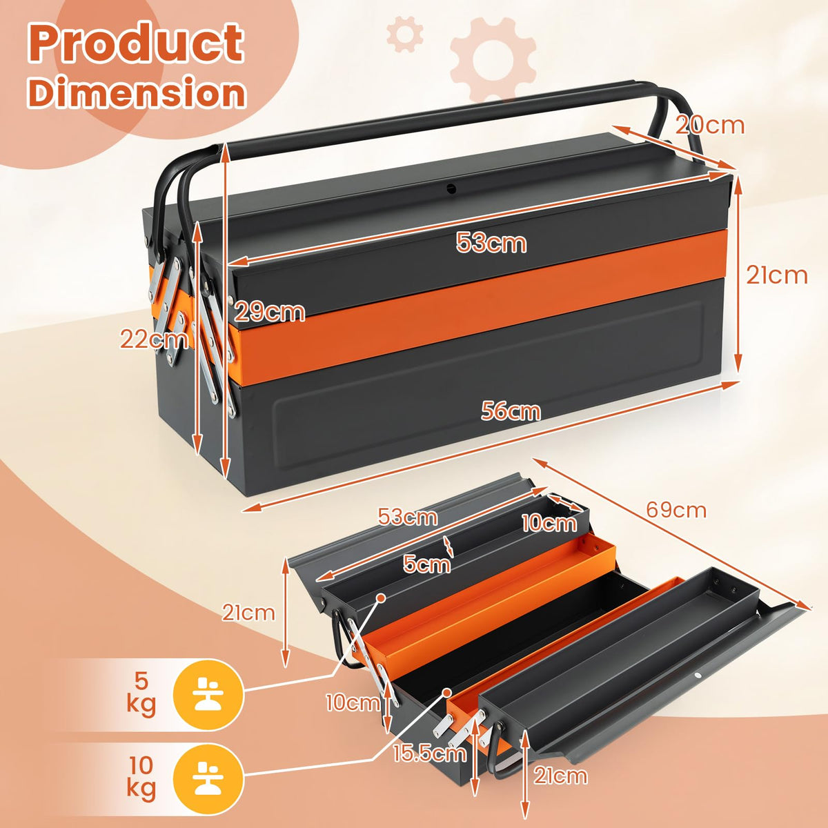 Metal Tool Box 5-Tray Cantilever with 3 Level Fold Out