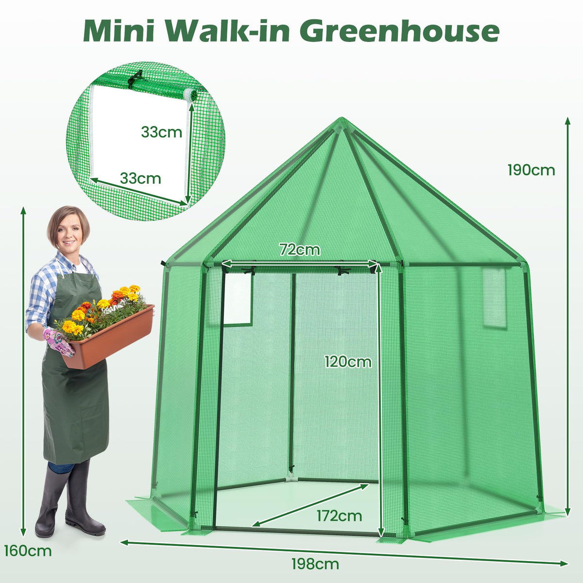 198 x 172 x 190cm Walk-in Greenhouse with PE Cover for Winter