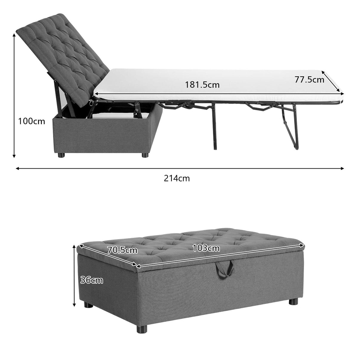 2-in-1 Folding Ottoman Sleeper w/Mattress Convertible Guest Bed Grey