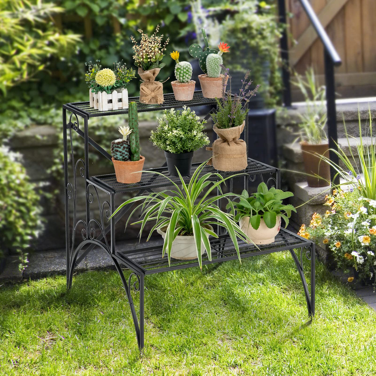 3-Tier Ladder Style Plant Rack with Widened Grid Shelf