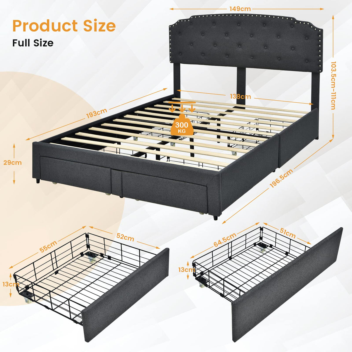 Giantex 4-Drawer Double/Queen Size Upholstered Platform Bed Frame