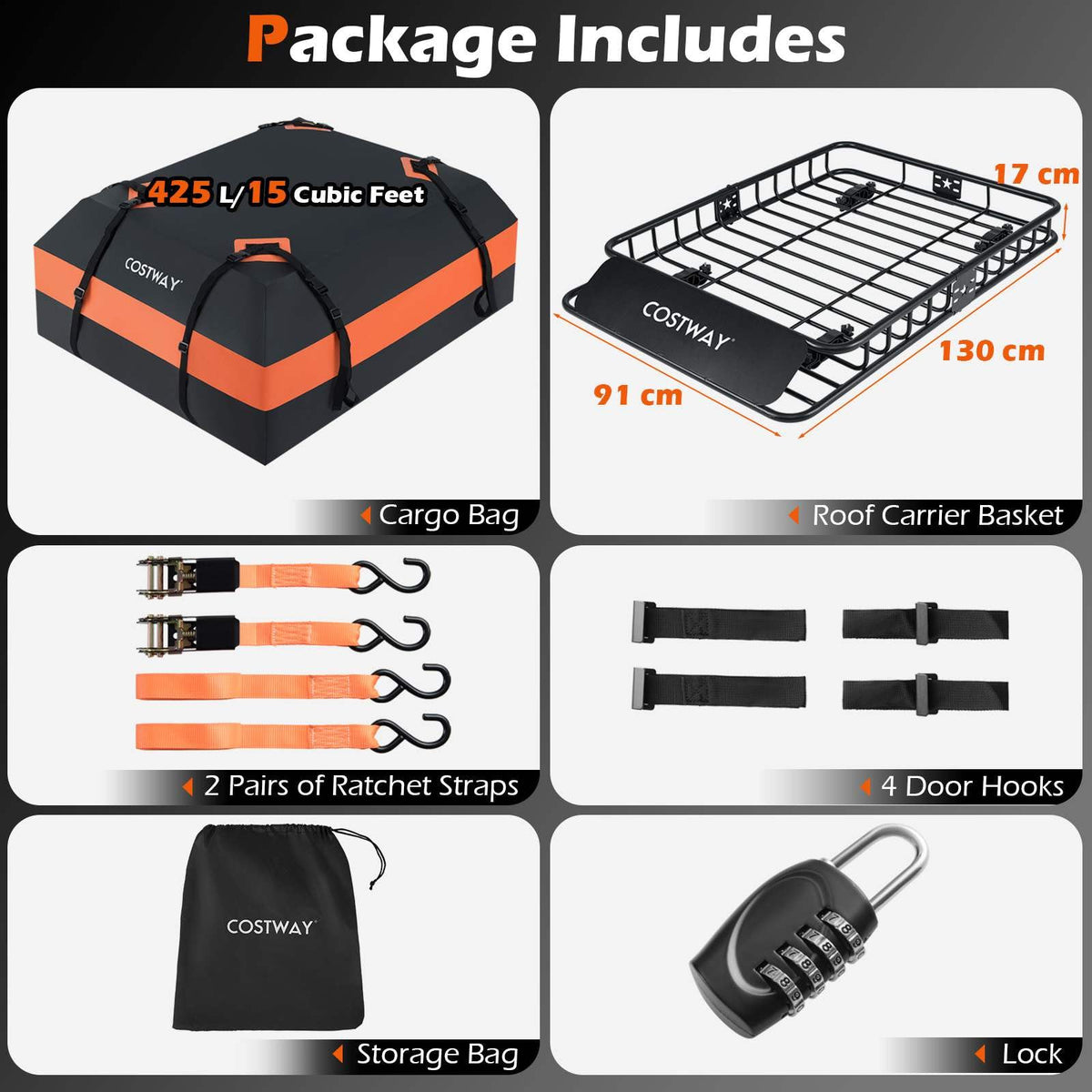 Roof Cargo Basket with 425L Waterproof Bag and 90kg Load for SUV