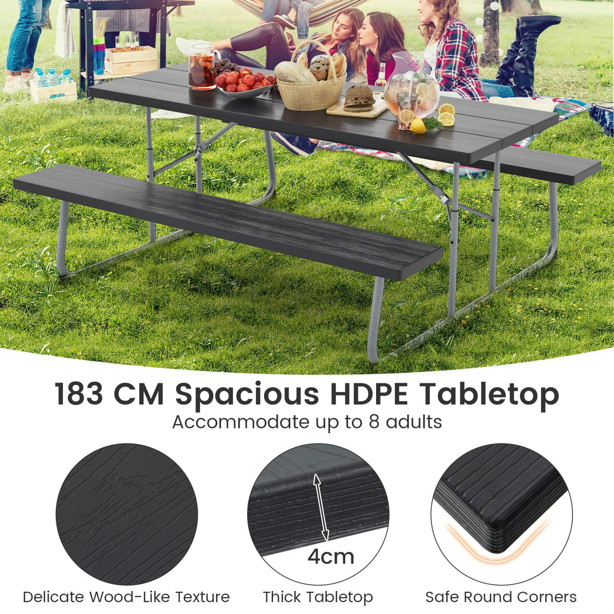 Folding Picnic Table with 2 Benches with Metal Frame and All-Weather HDPE Tabletop