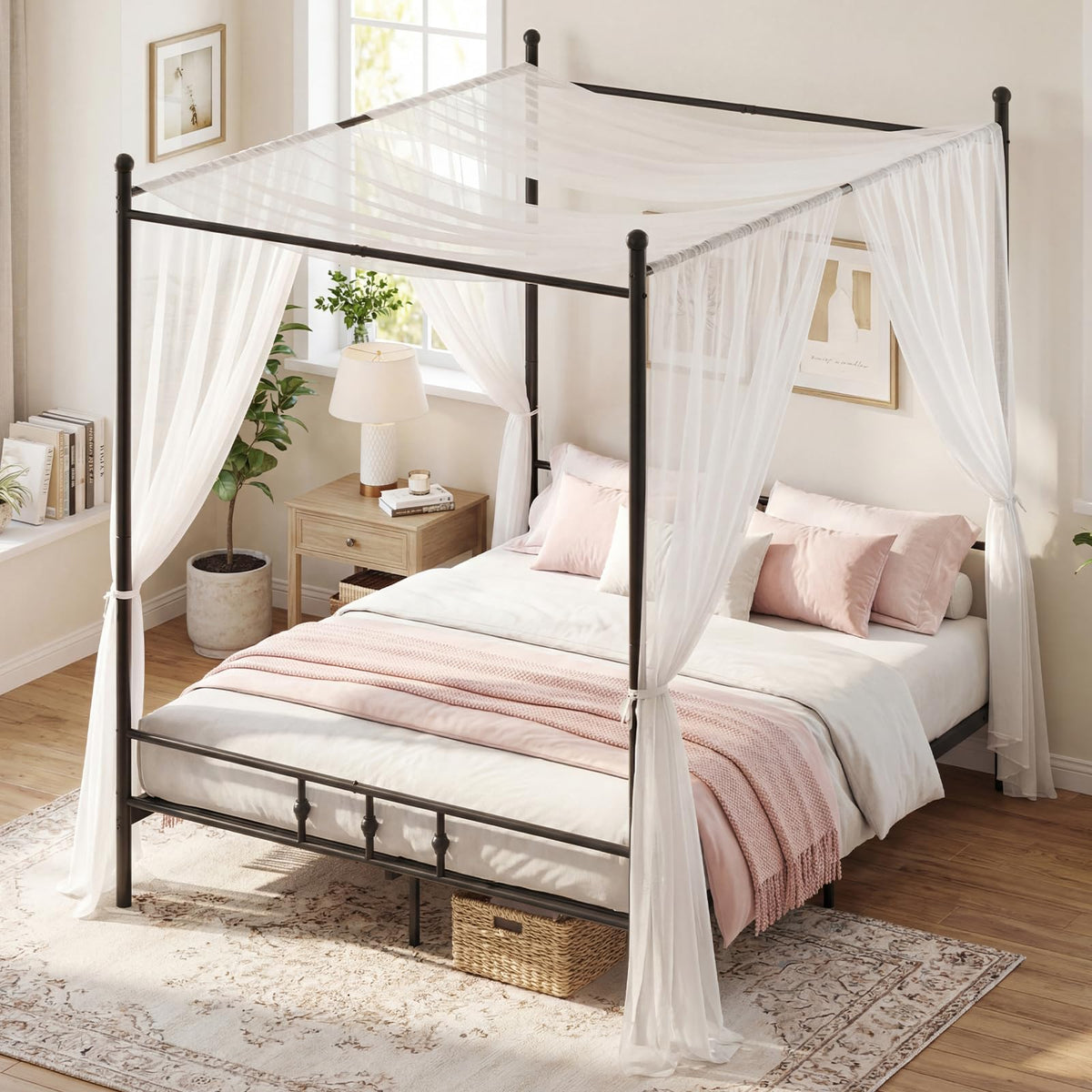 Canopy Bed Frame Modern 4-Poster Platform Bed with Headboard and Under-bed Storage