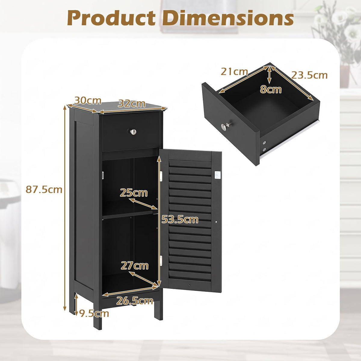Small Bathroom Storage Cabinet with Adjustable Shelf and Drawer