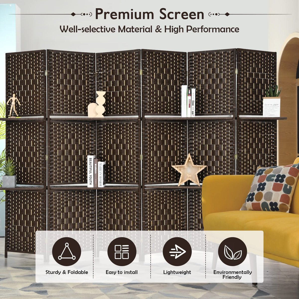 6-Panel Panel Screen Room Divider, 6Ft Wood Wall Divider, Freestanding Partition Stand, with 2 Storage Shelves