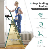 Folding Step Ladder, 4-Step Ladder w/Tool Tray, Non-Slip Footpads & Pedals