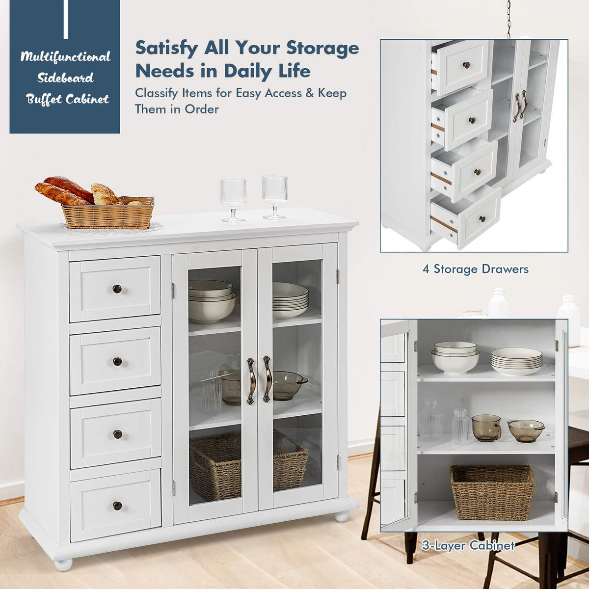 Giantex Buffet Sideboard, Kitchen Storage Cabinet w/ Clear Glass Doors, Dining Storage Sever (White)