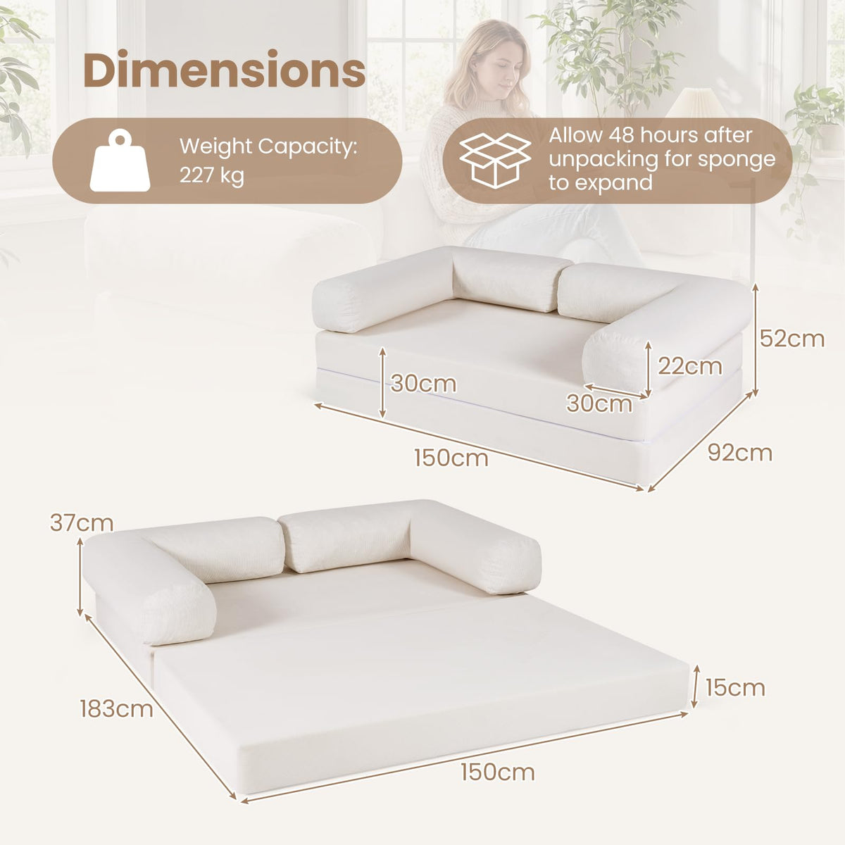4-in-1 Folding Sofa Bed Convertible Futon Couch with Comfy Corduroy Cover