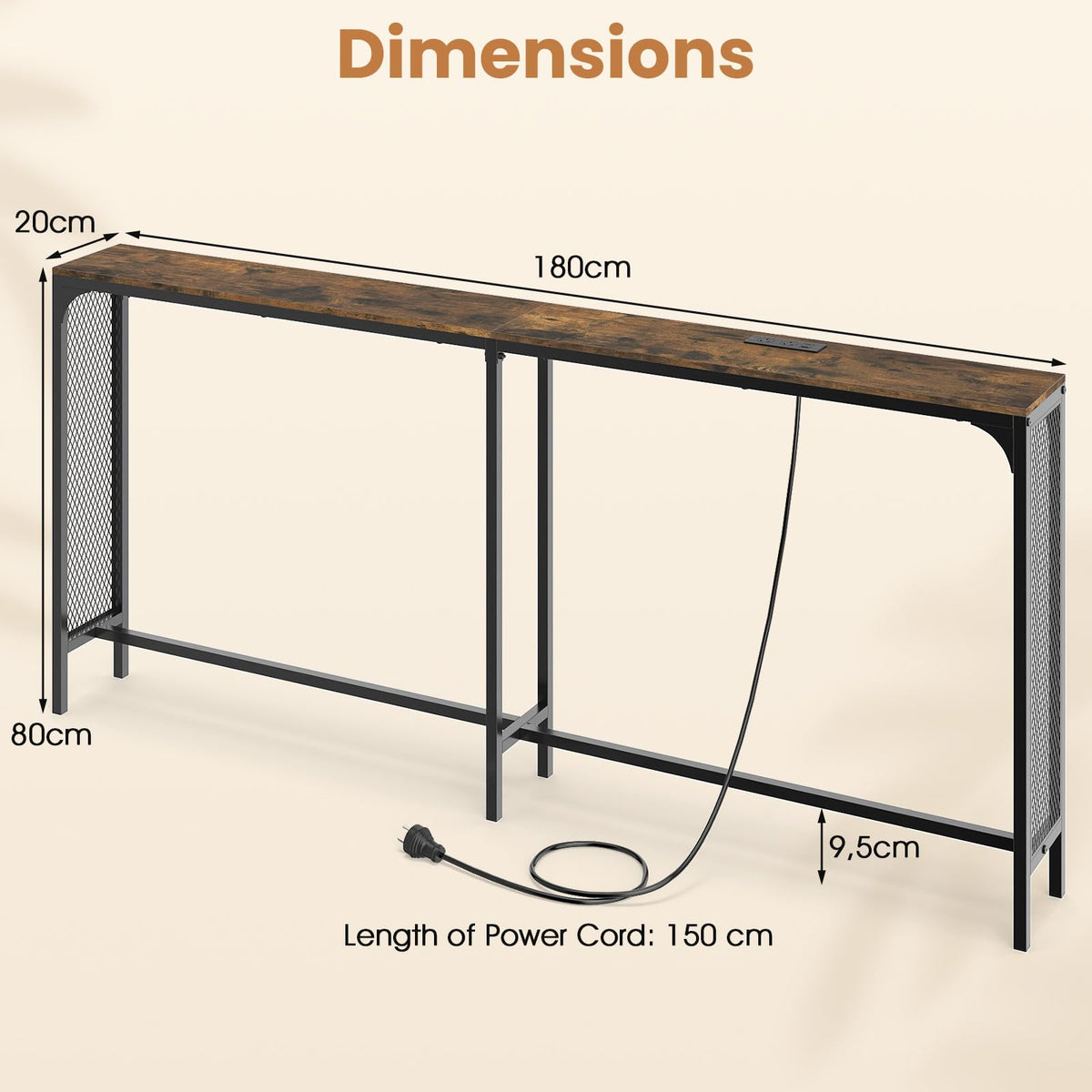 180cm Console Table w/Power Outlet, Narrow Sofa Table
