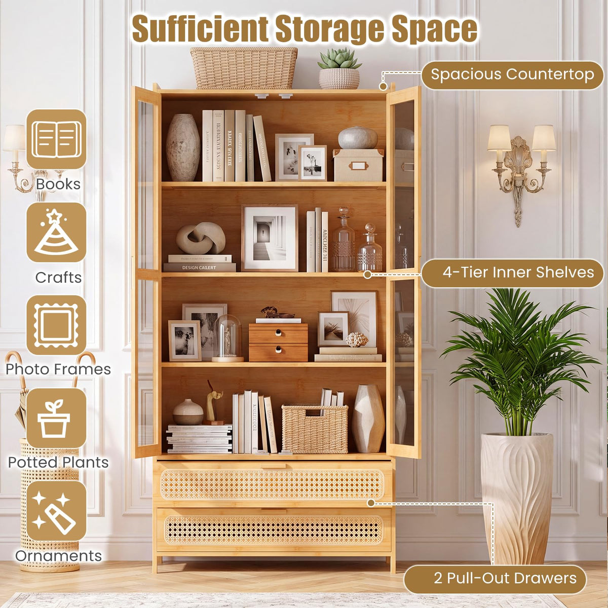 Giantex 138.5 cm Bamboo Bookshelf w/ 2 Acrylic Doors, 4 Shelves & 2 Drawers