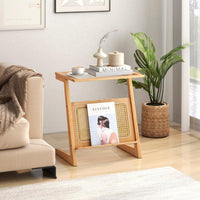 Giantex Z-Shaped End Table w/Magazine Rack, Glass Top Bamboo Side Table