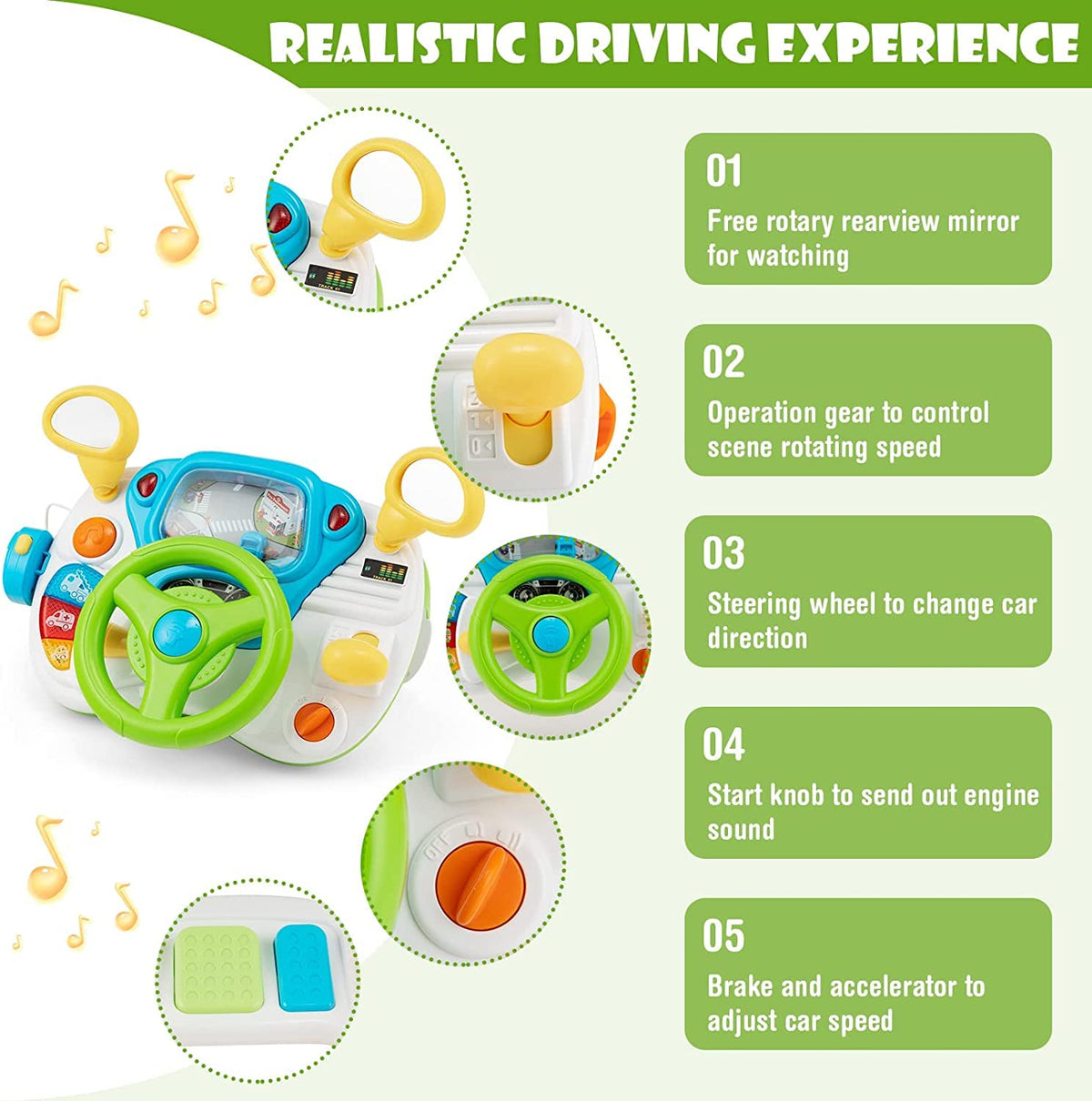 Kids Steering Wheel Simulated Driving Toy Set with Lights & Sounds