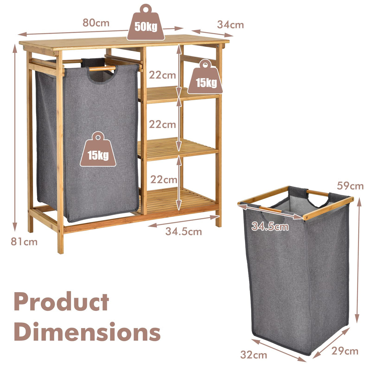 Giantex Bamboo Laundry Hamper Stand w/Sliding Bag & 3-Tier Open Shelves