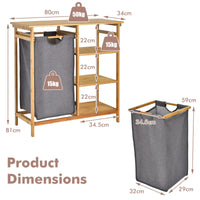 Giantex Bamboo Laundry Hamper Stand w/Sliding Bag & 3-Tier Open Shelves