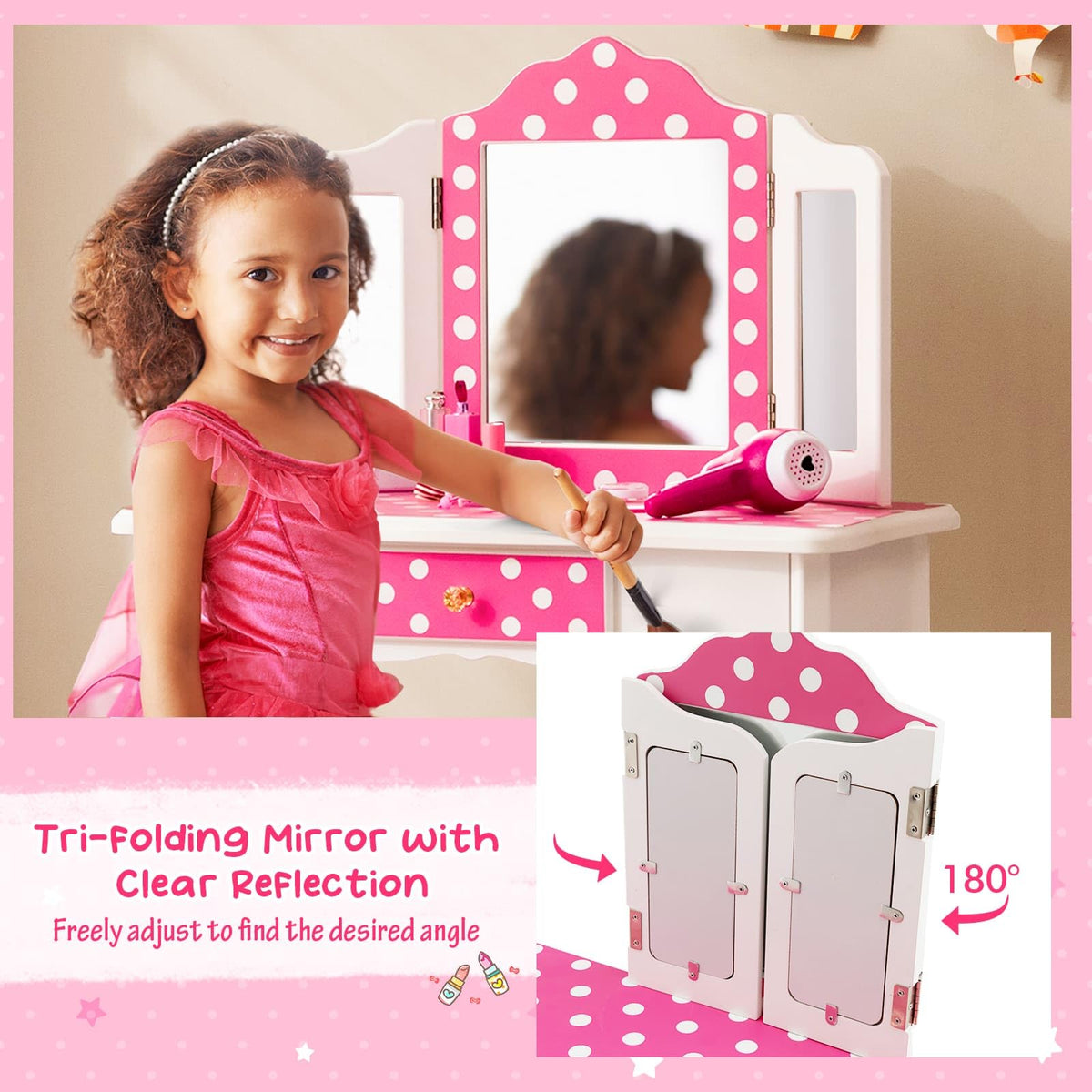 Kids Vanity Set with Tri-folding Mirror, Drawer and Stool