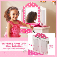 Kids Vanity Set with Tri-folding Mirror, Drawer and Stool