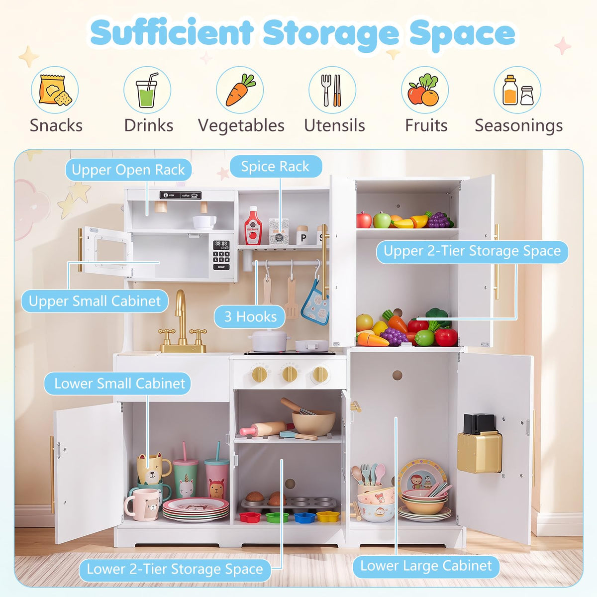 Wooden Play Kitchen with Lights & Sounds and Sink Stove Oven for Kids Ages 3+