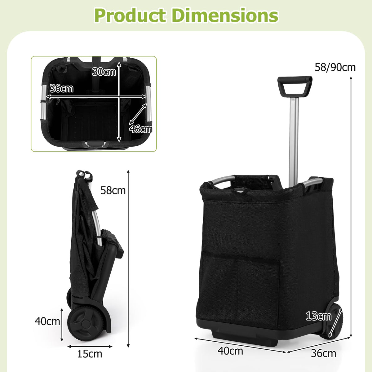 50L Folding Shopping Cart with 3 Pockets and Retractable Handlebar for Grocery