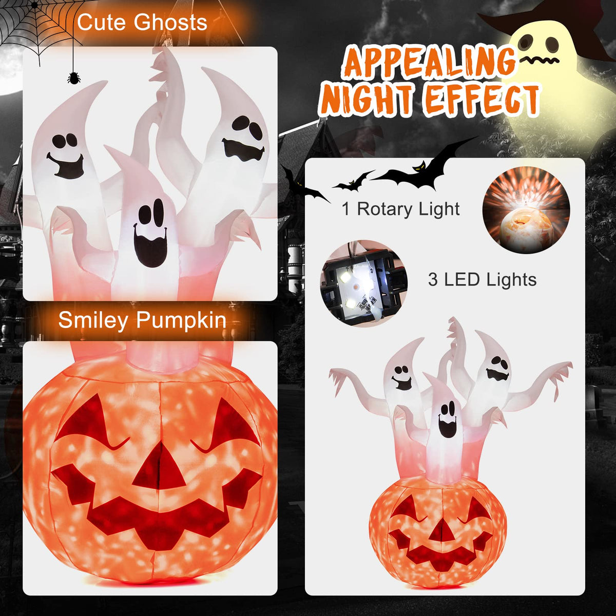 182CM Halloween Blow Up Pumpkin and Ghost Combo with Built-in LED and Blower