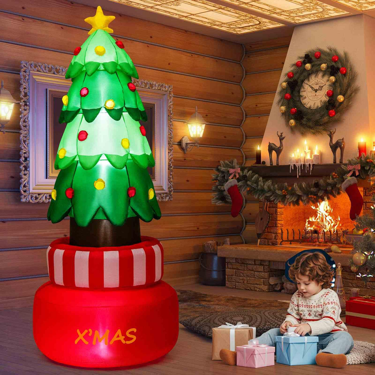 245CM Christmas Inflatables, Blow-up Rotating Xmas Tree with Built-in LED Lights