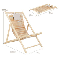 Outdoor Folding Sling Chair, Solid Fir Wood Lounge Chair with 3-Level Adjustable Backrest and Soft Padded Headrest