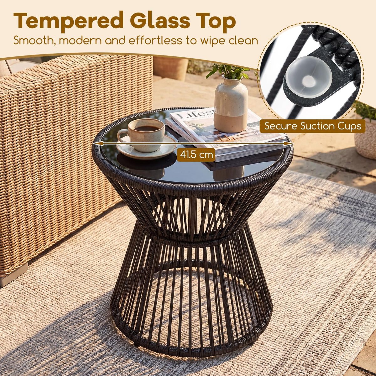 Outdoor Side Table with LED Warm Light, PE Rattan Hourglass-Shaped End Table with Tempered Glass Top