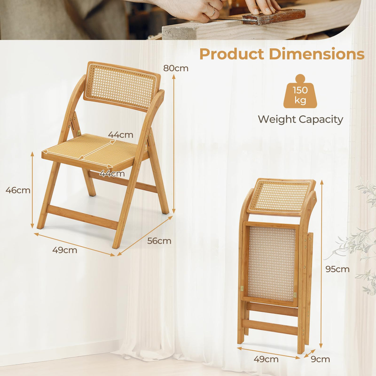 Rattan Cane Folding Chairs Set of 2
