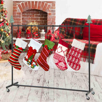 10-Hook Christmas Stocking Holder Stand on Wheels, Heavy Duty Freestanding Rack with 6 Removable Christmas Tree/Reindeer/Snowflake Toppers