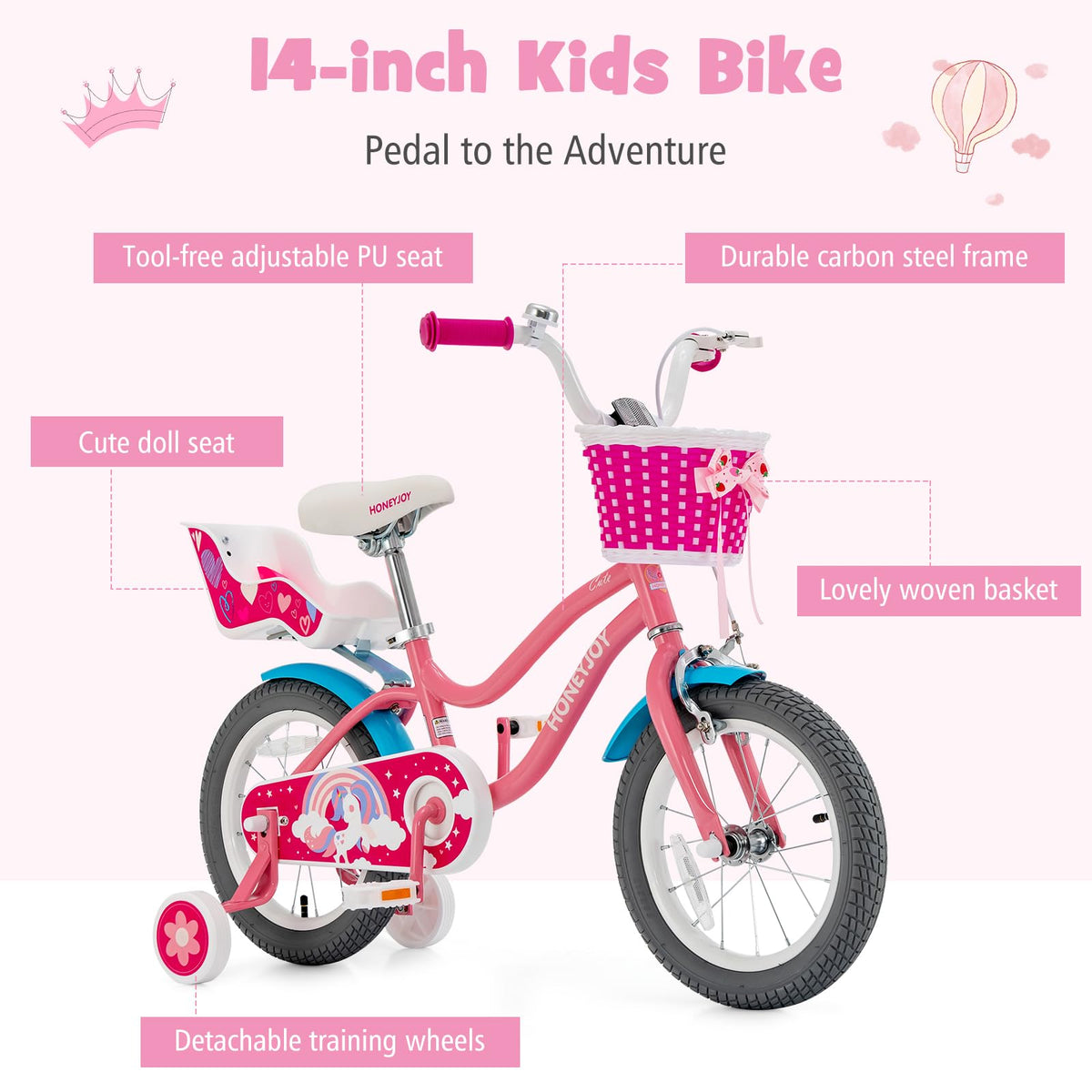 14" Kids Bicycle w/Training Wheels & Front Handbrake, Kids Bike with Doll Seat & Basket