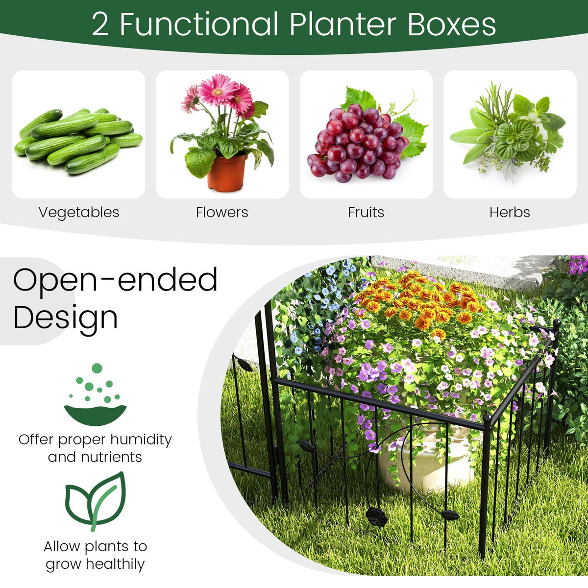 2.2M Garden Arbor, Metal Arch Trellis Lockable Gate, Arched Top Arbor Trellis w/Side Planters