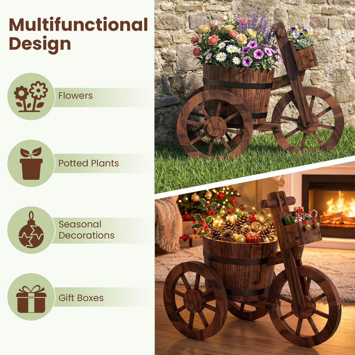 Wood Tricycle Flower Cart Planter with Drainage Hole and Storage Box