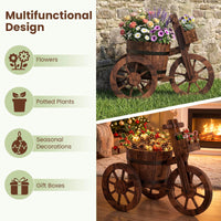 Wood Tricycle Flower Cart Planter with Drainage Hole and Storage Box