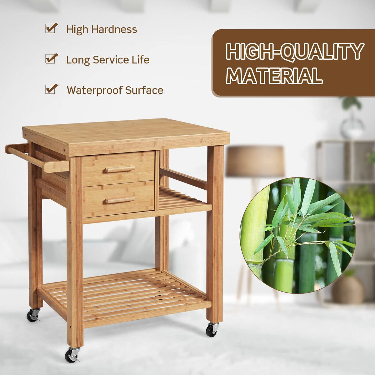 Giantex Rolling Bamboo Kitchen Island Cart, Kitchen Trolley Cart w/ Drawers & Shelves, Multi-Purpose Serving Cart