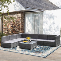 7 Piece Patio Rattan Conversation Set with Seat & Back Cushions for Backyard/Poolside/Balcony