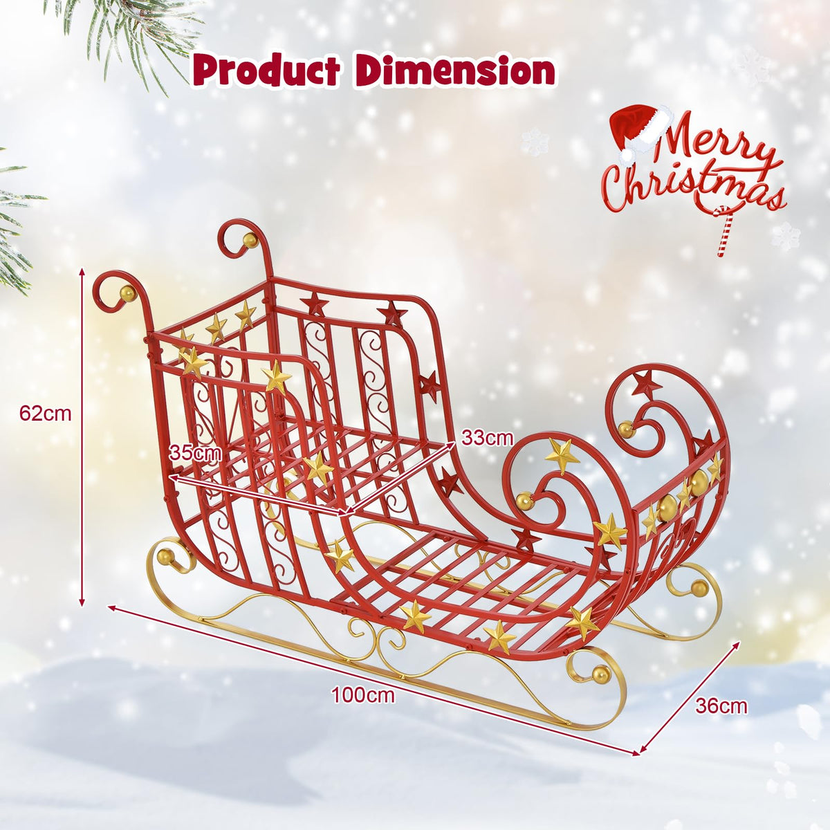 Red Santa Sleigh, Metal Christmas Santa Sleigh