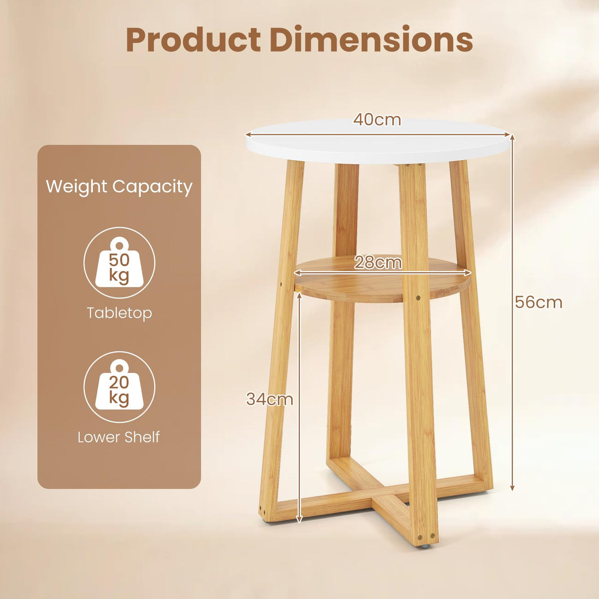 Giantex Round Side Table Set of 2 with Lower Shelf, Solid Bamboo Frame