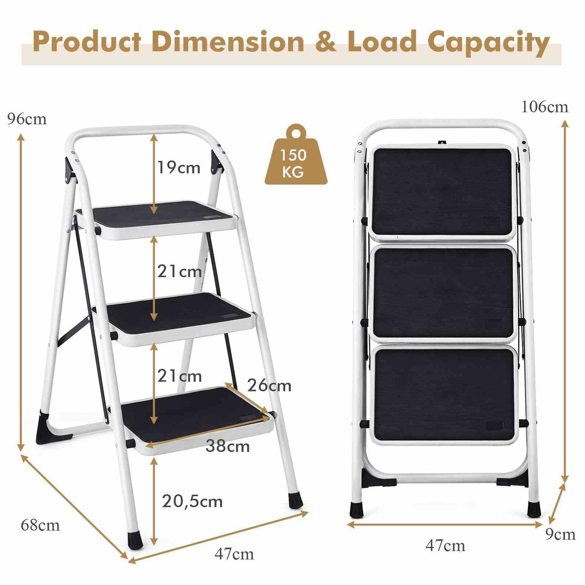 3-Tread Step Ladder with Convenient Hand Grip for Home Garage Kitchen