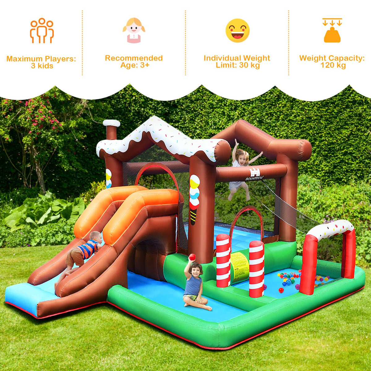 Inflatable Bounce House, Jumping Castle for Kids w/Large Jumping Play Area, Tunnel, Long Slide, Climbing Wall, Basketball Hoop(Without Blower)