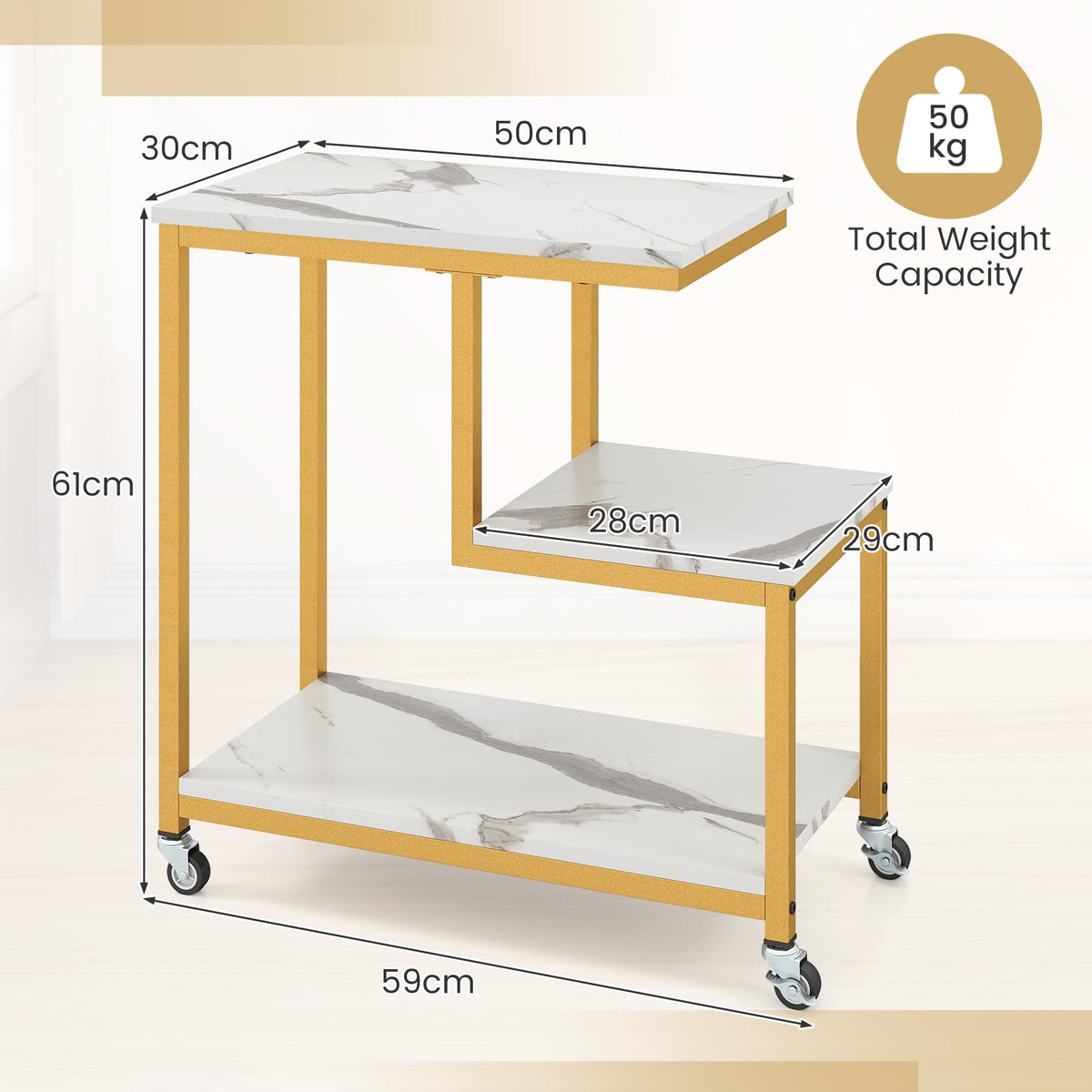 G-Shaped Side Table, 3-Tier Mobile End Table with Open Shelves