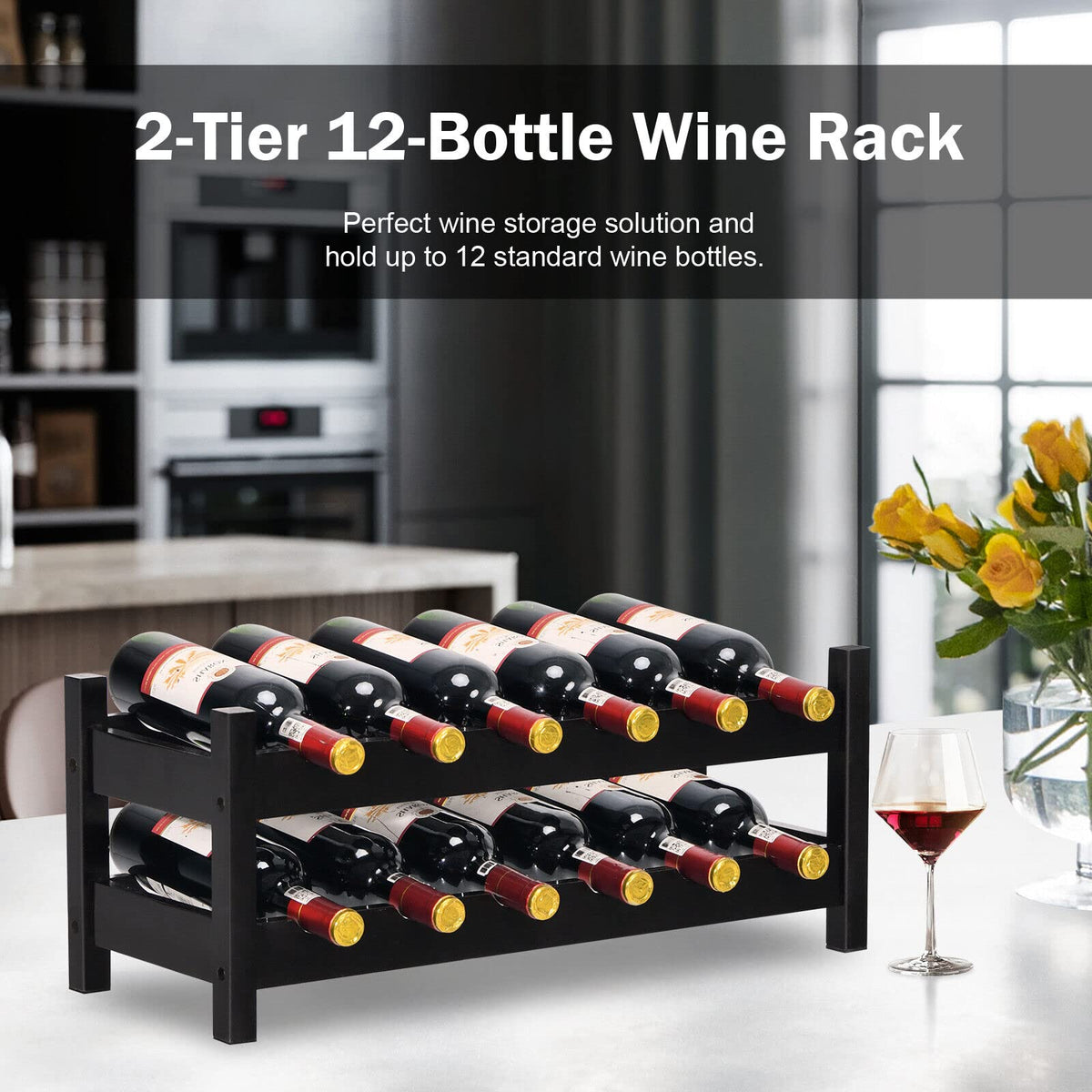 Giantex 2-Tier Wine Rack, Bamboo Wine Display Storage Shelf w/ Arc Design, Coffee