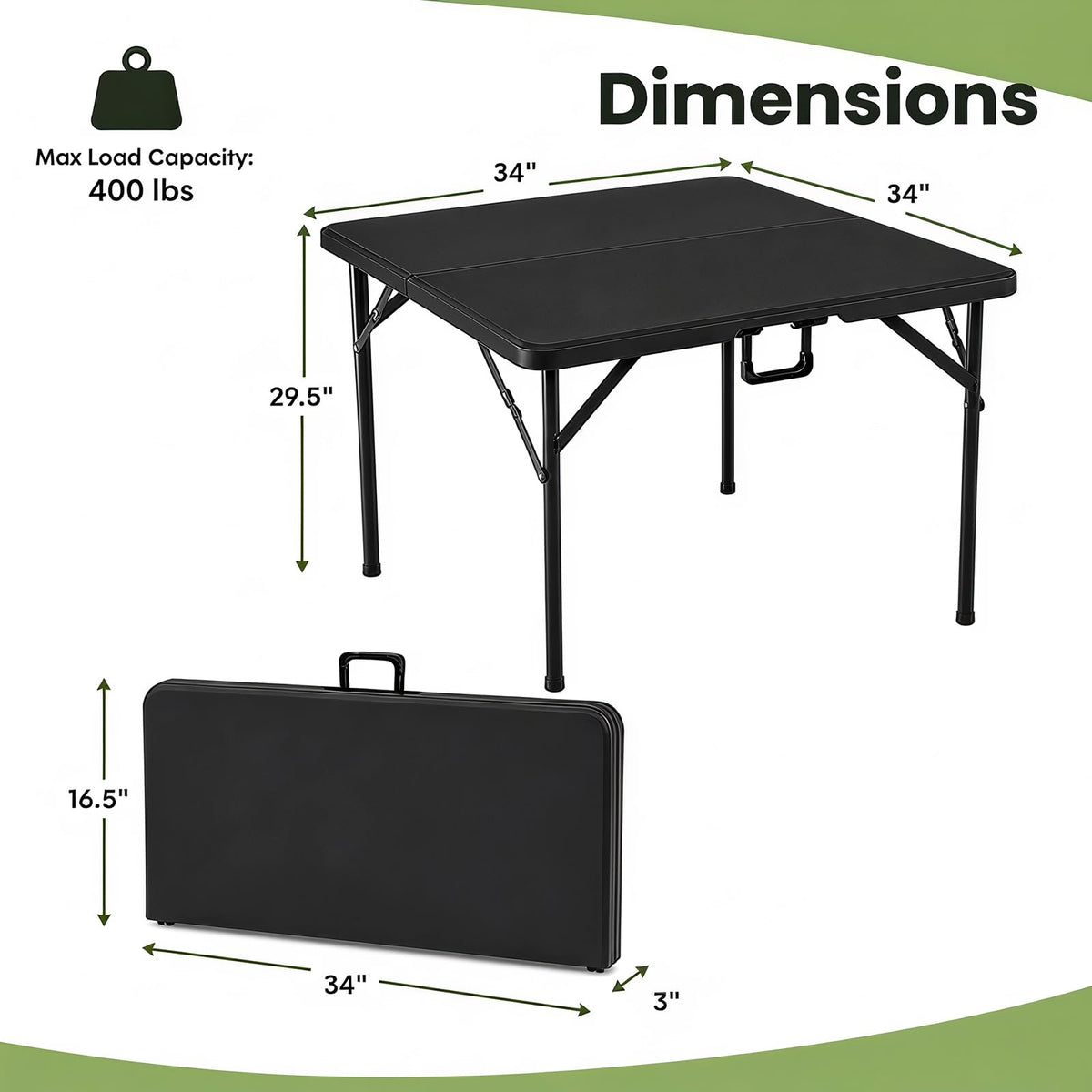 34” Folding Table, Square Foldable Card Table