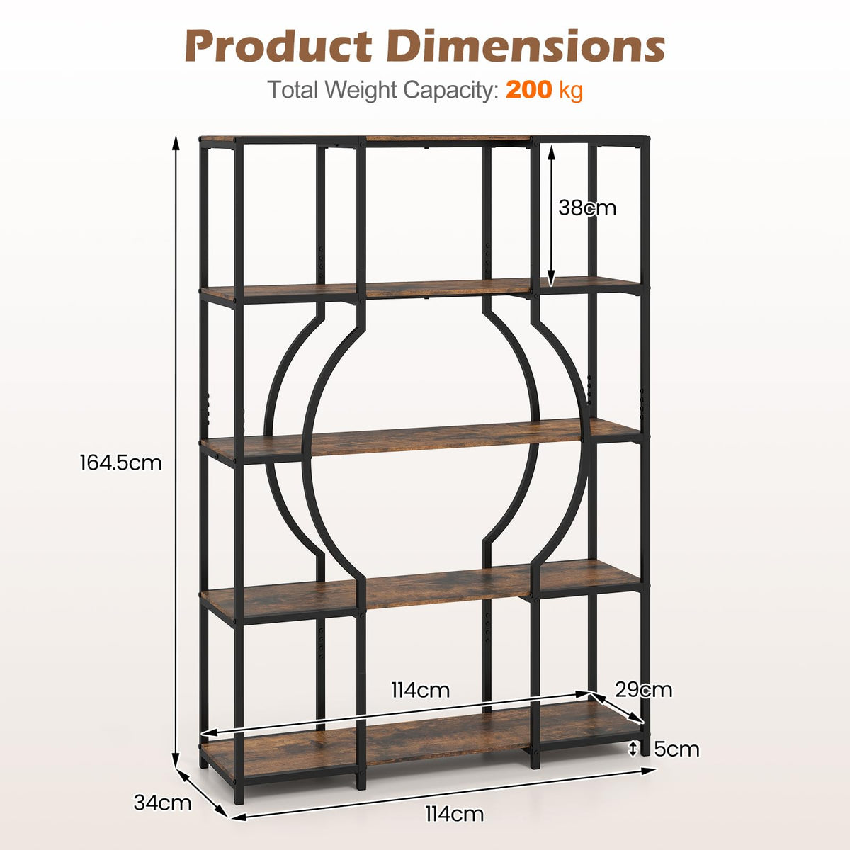 Giantex 5-Tier Industrial Geometric Tall Bookshelf with Open Shelves