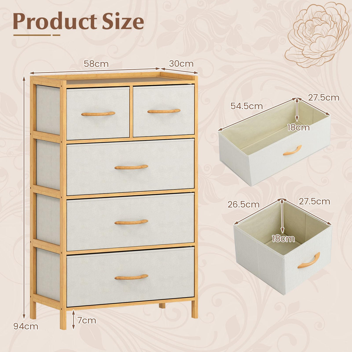 Giantex 5-Drawer Dresser for Bedroom, Bamboo Storage Tower with 5 Foldable Fabric Drawers