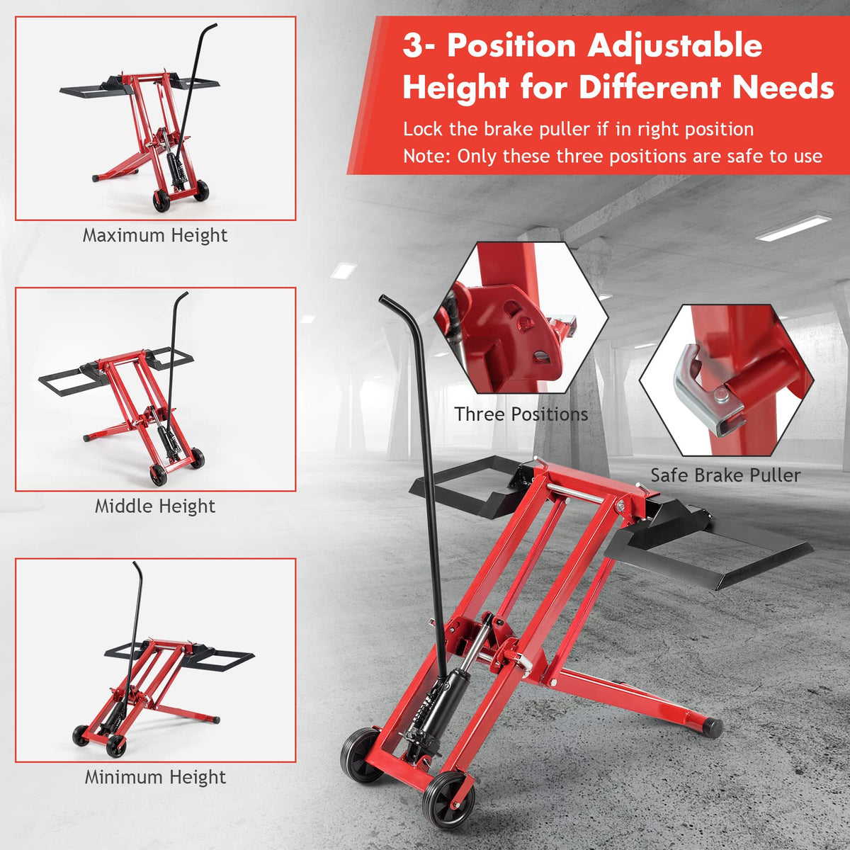 Ride On Lawn Mower Lift Jack, 3-Level Height Adjustable Mower Jack w/2 Wheels